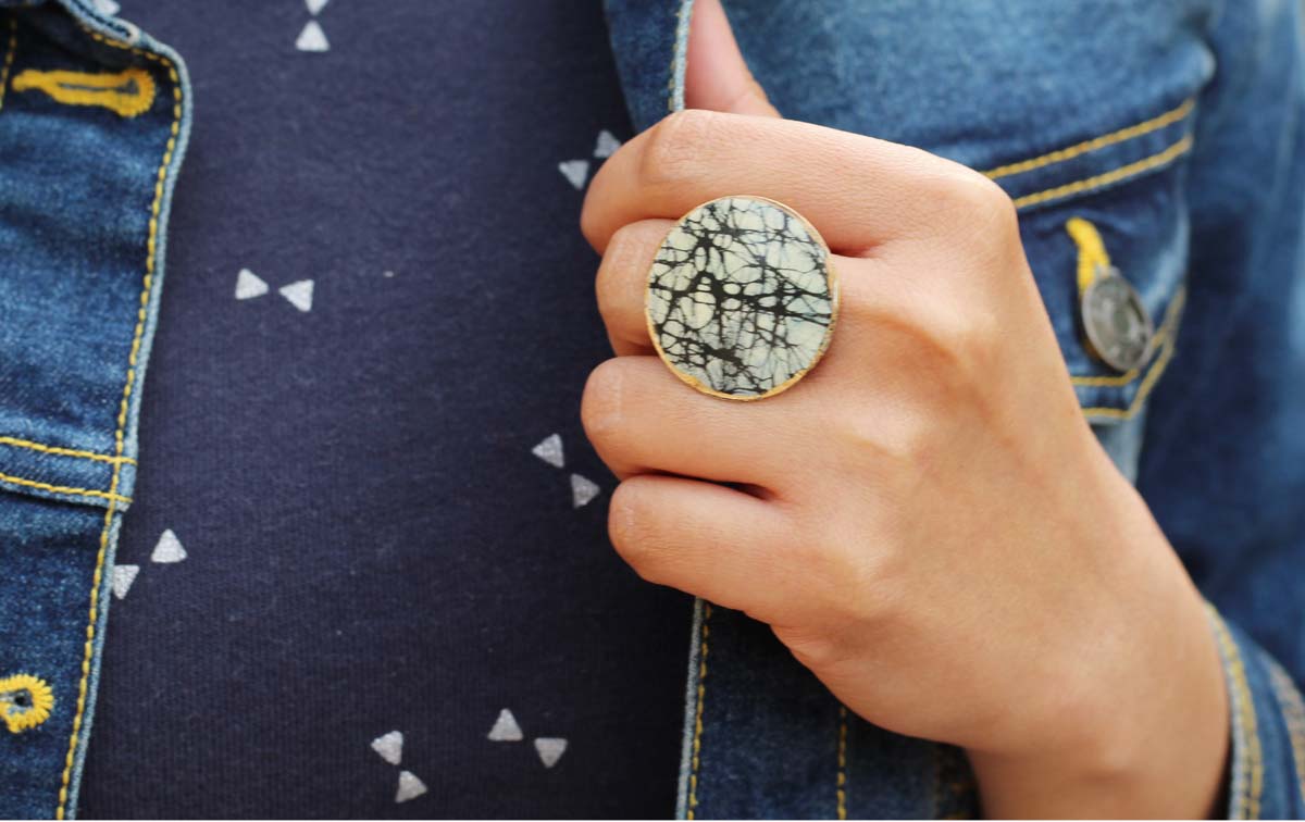 Round Brass Statement Ring with Abstract Monochrome Pattern - Resizable - Women Accessories / Gifts for Her - Buy in Bulk Wholesale